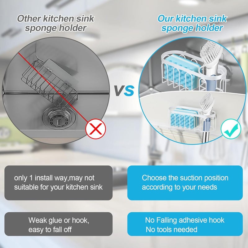 Yazoni 2-in-1 Sponge Holder for Kitchen Sink, Suction Cup Sponge Rack Kitchen Caddy, No Drill Rustproof Sink Organizer Holder for Place Dishwashing Brush Soap (White) - Image 3